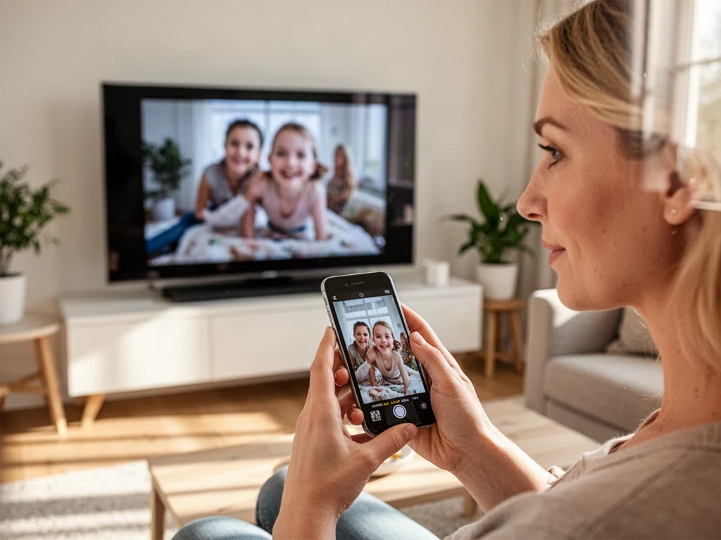 Kobieta trzymająca iPhone'a, który bezprzewodowo przesyła obraz na ekran nowoczesnego telewizora w salonie.