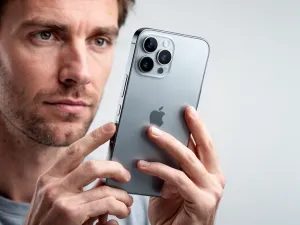 Mężczyzna trzymający iPhone’a 16 Pro Max z tytanową obudową w minimalistycznym biurze. Widoczny profesjonalny układ aparatów.