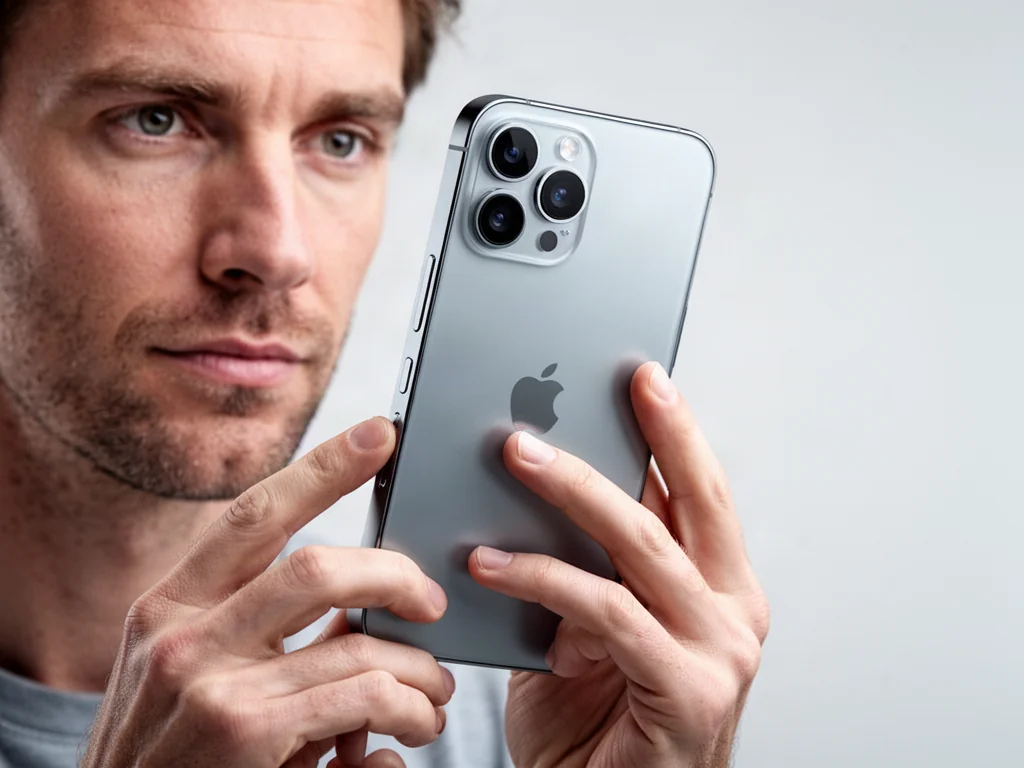 Dłoń trzymająca iPhone'a 16, wskazująca na przyciski boczne służące do wyłączania urządzenia.