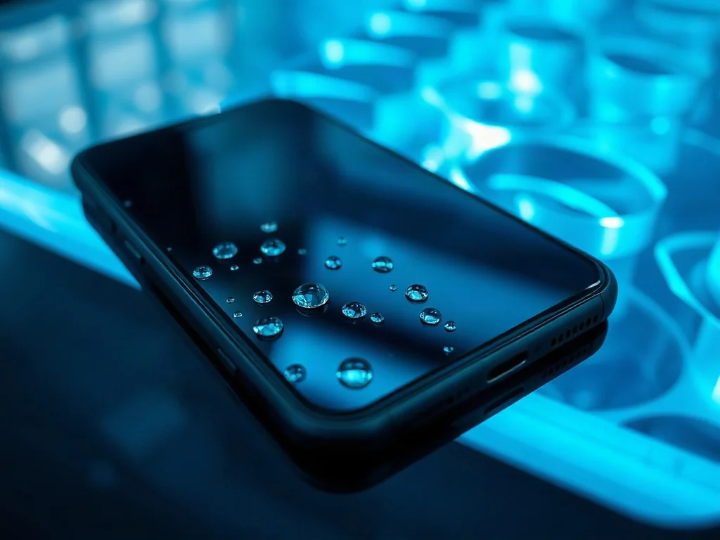 iPhone 13 leżący na ciemnej powierzchni z widocznymi kroplami wody, podkreślający jego odporność na zachlapania.