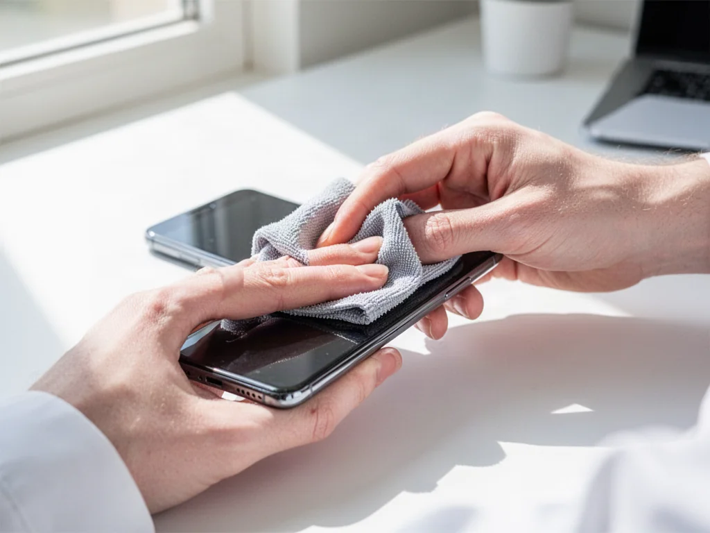 Osoba czyści ekran smartfona miękką ściereczką z mikrofibry w jasnym, minimalistycznym wnętrzu.