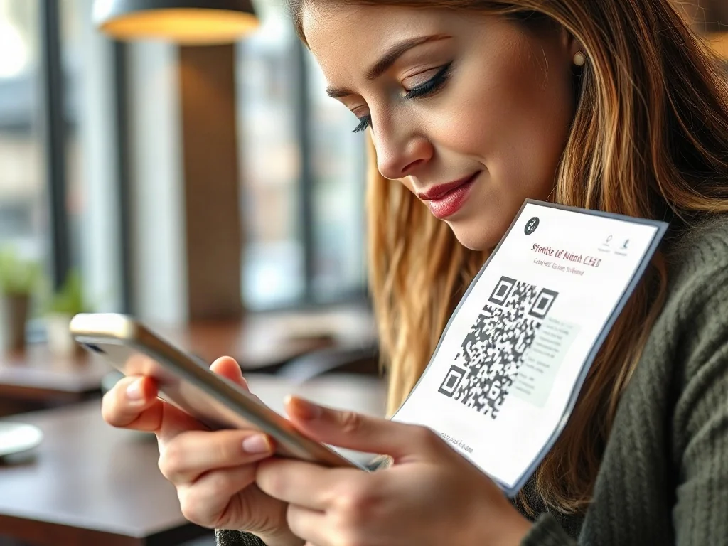 Kobieta trzymająca iPhone'a, który skanuje kod QR z ulotki w kawiarni.