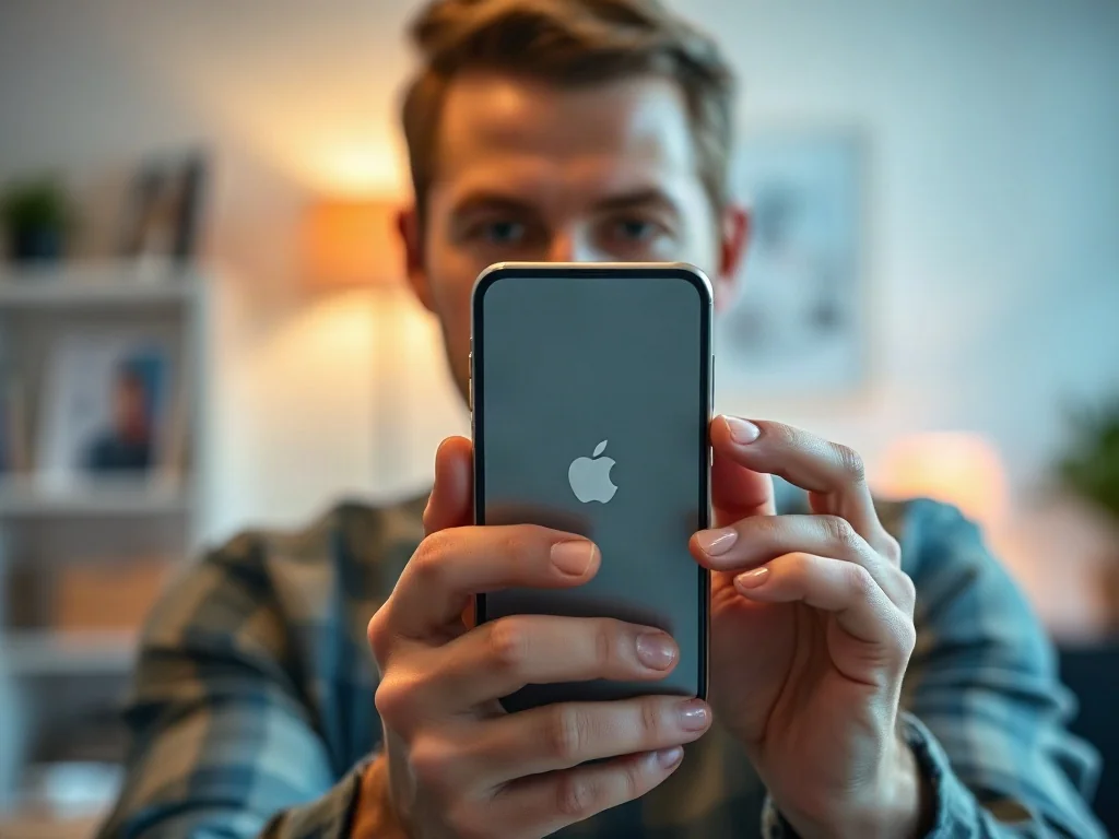 Mężczyzna trzymający iPhone’a, na którego ekranie widoczne są ikony aplikacji w minimalistycznym biurowym otoczeniu.