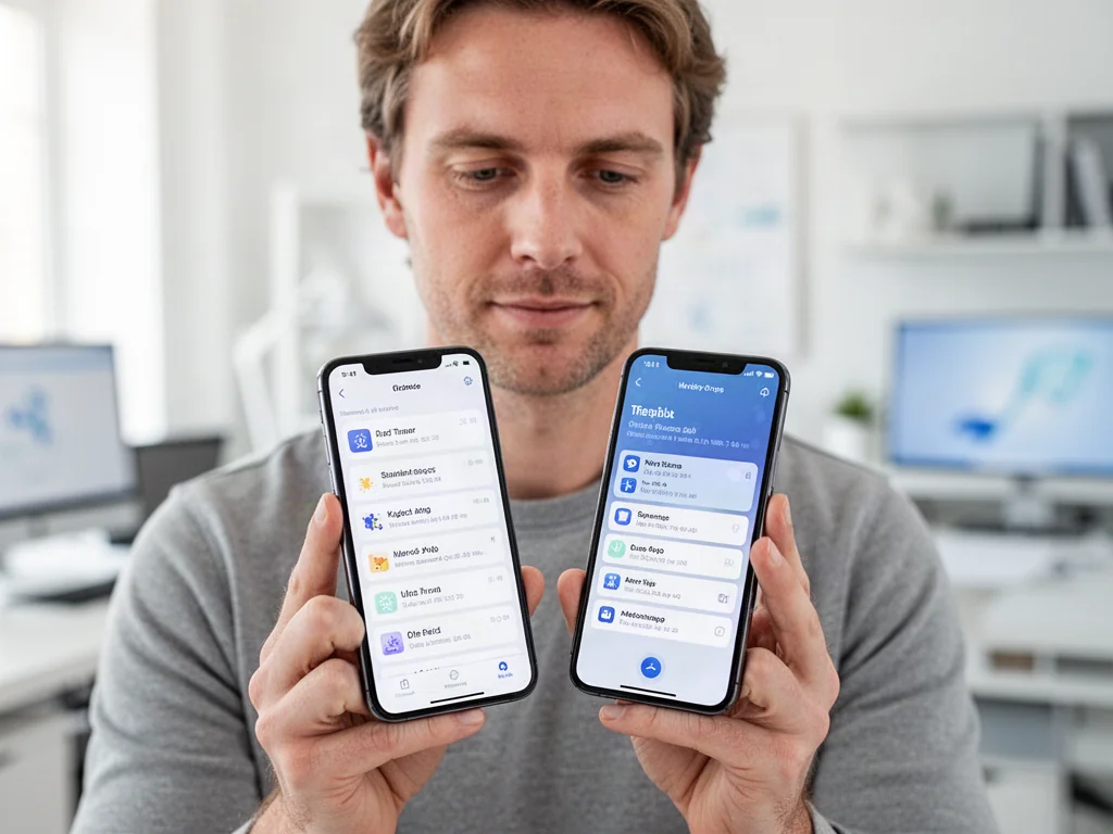 Osoba trzymająca obok siebie dwa smartfony, symbolizująca proces przesyłania danych między systemami Android i iPhone.