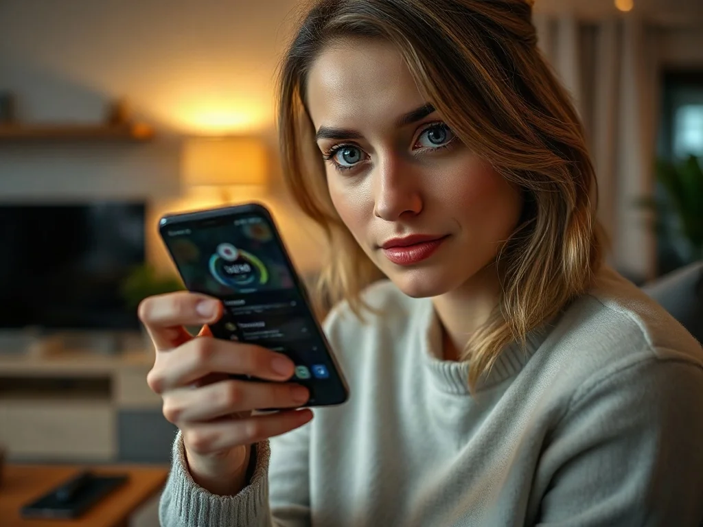 Kobieta trzymająca iPhone'a z otwartym menu ustawień tapety w przytulnym salonie.