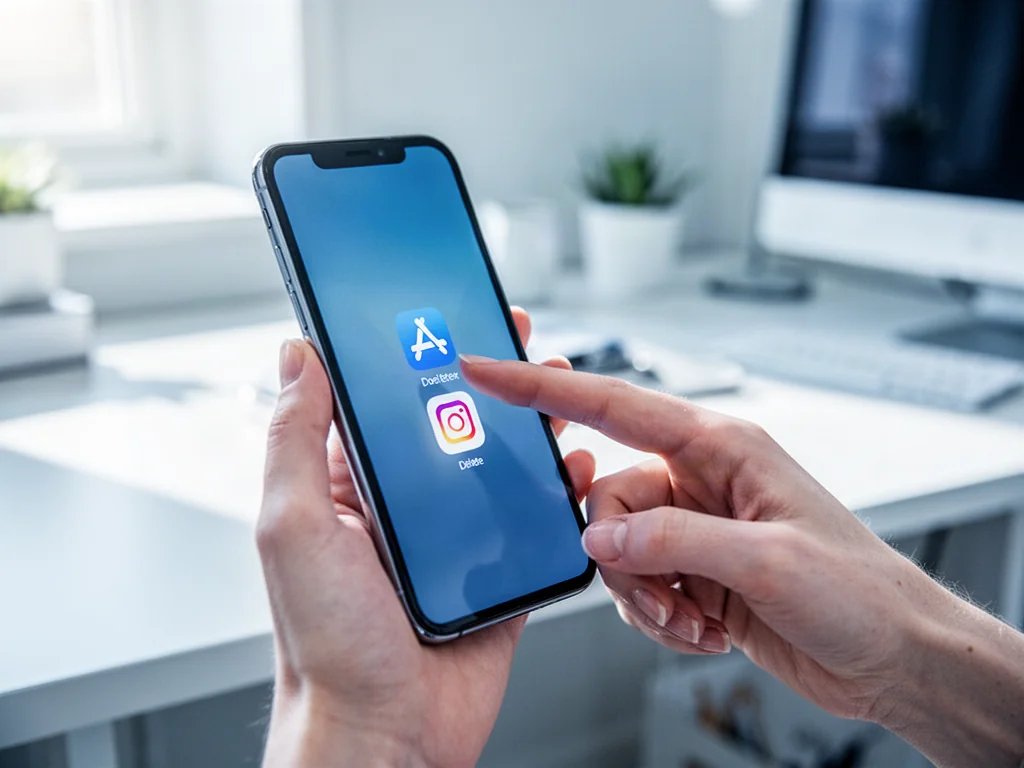 Dłoń użytkownika trzymająca iPhone'a, przygotowująca się do usunięcia ikony aplikacji z ekranu głównego.