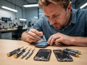 Dłoń trzymająca iPhone'a z otwartym menu ustawień w przytulnym salonie.