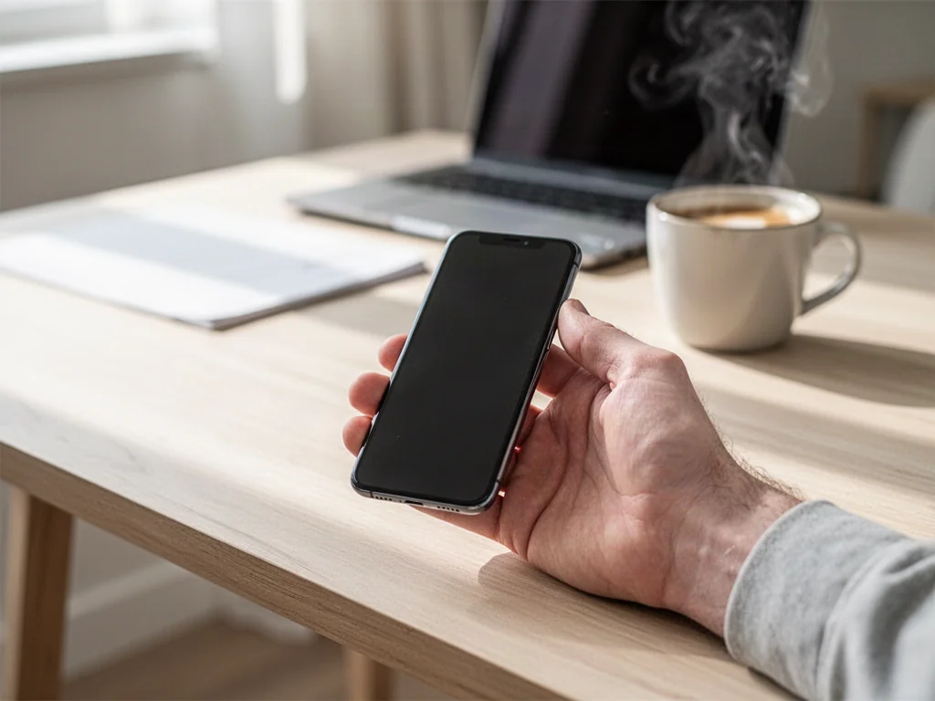 Osoba trzymająca iPhone'a 12 na tle biurka w słonecznym domowym biurze. Estetyczne ujęcie smartfona w codziennym użytkowaniu.