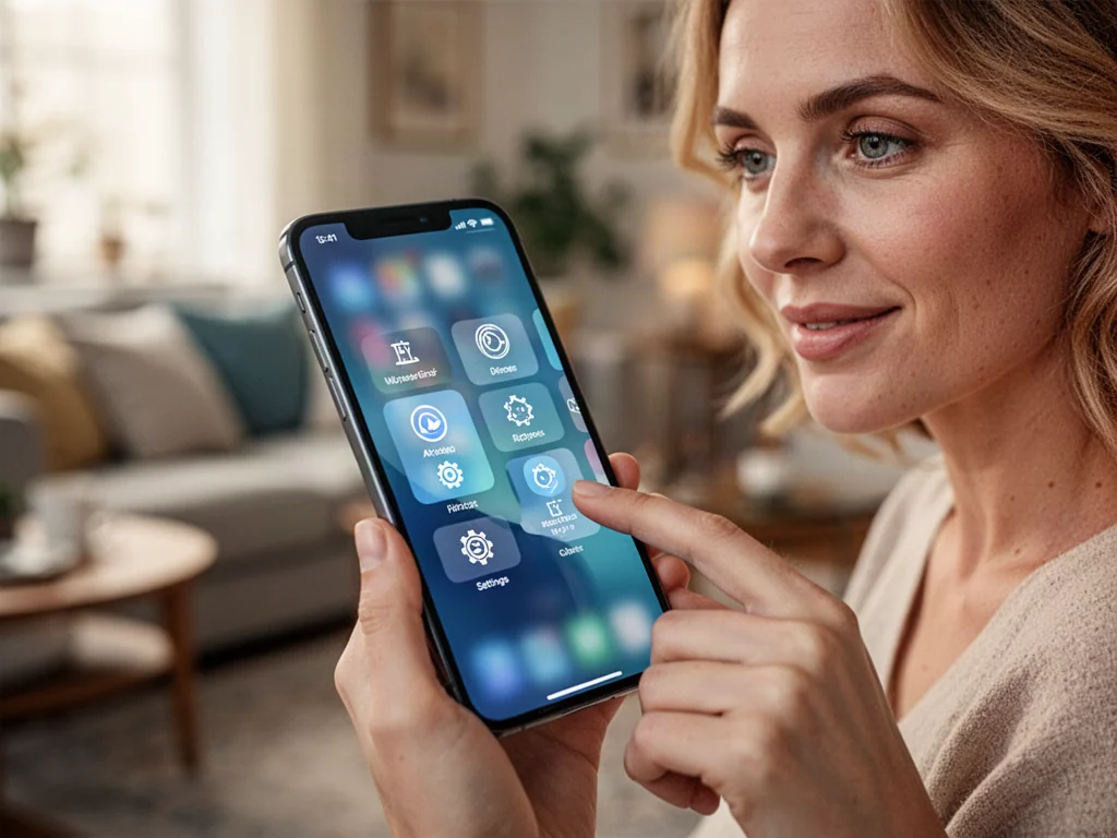 Dłoń trzymająca iPhone'a z otwartym menu ustawień w przytulnym salonie.