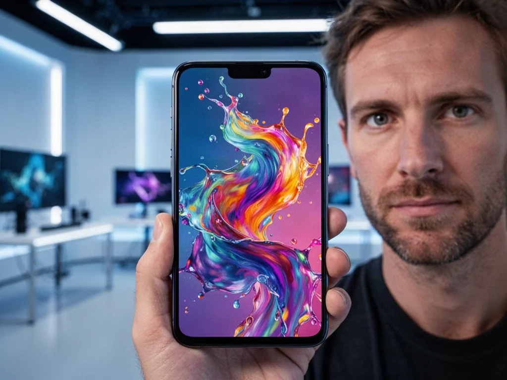 Mężczyzna trzyma nowoczesny smartfon z wyraźnym, kolorowym wyświetlaczem o wysokiej jakości obrazu.