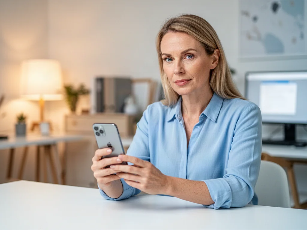 Kobieta trzymająca iPhone'a przy minimalistycznym biurku, przygotowująca urządzenie do wykonania kopii zapasowej.